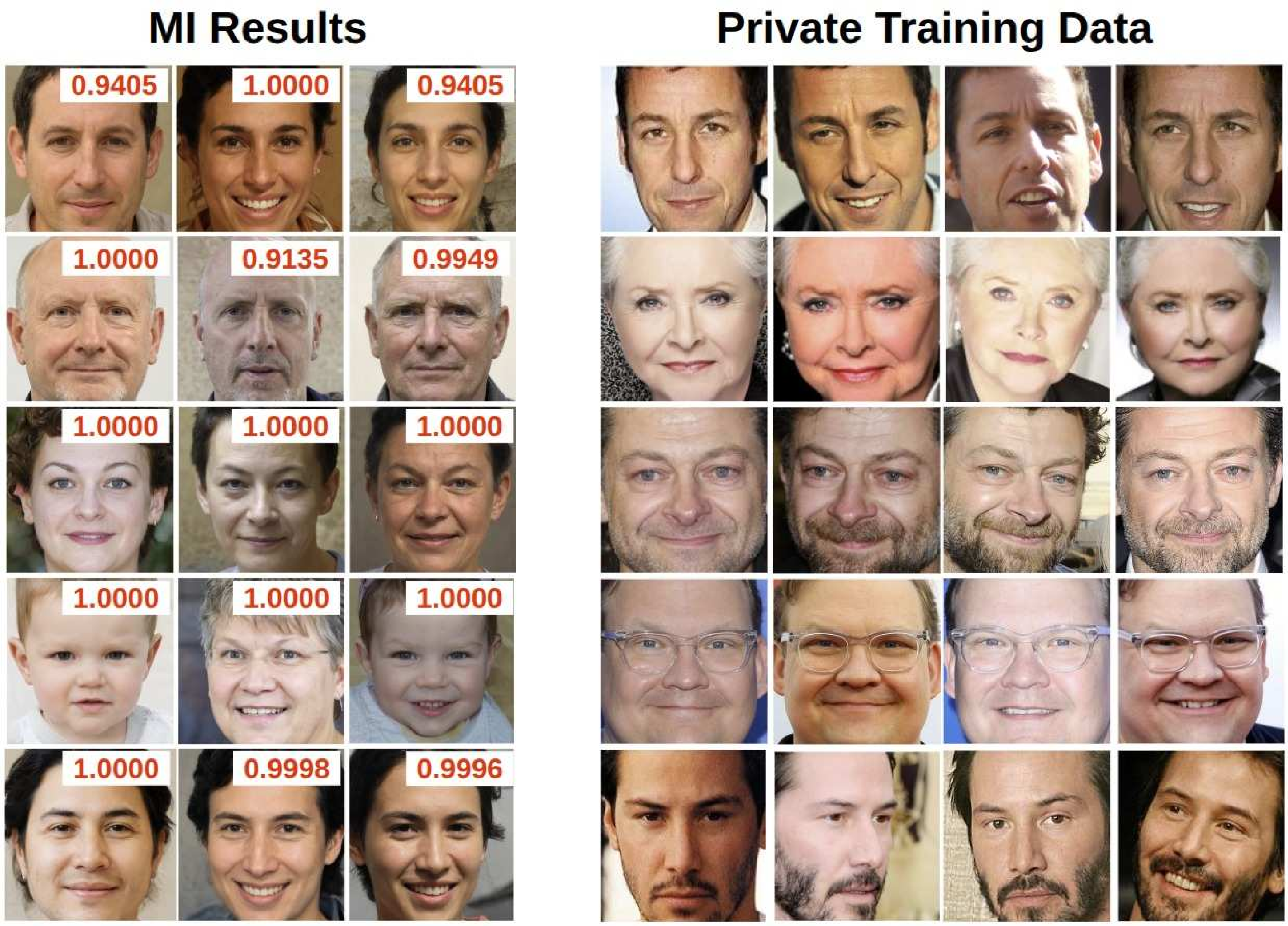 Model Inversion results vs private training data showing false positives